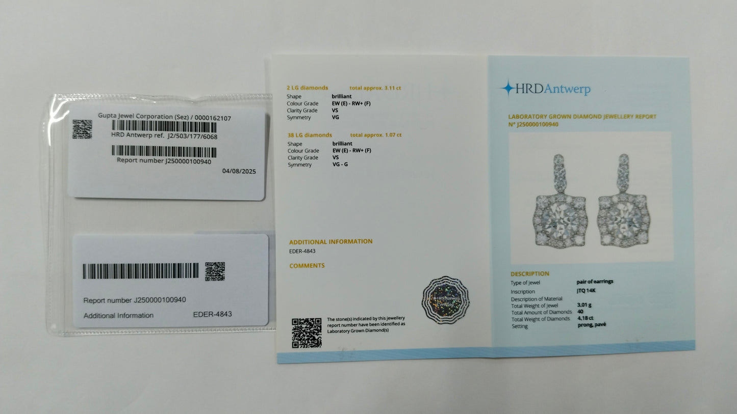 4.18 Carats Lab Grown Diamond 14K Gold Earrings