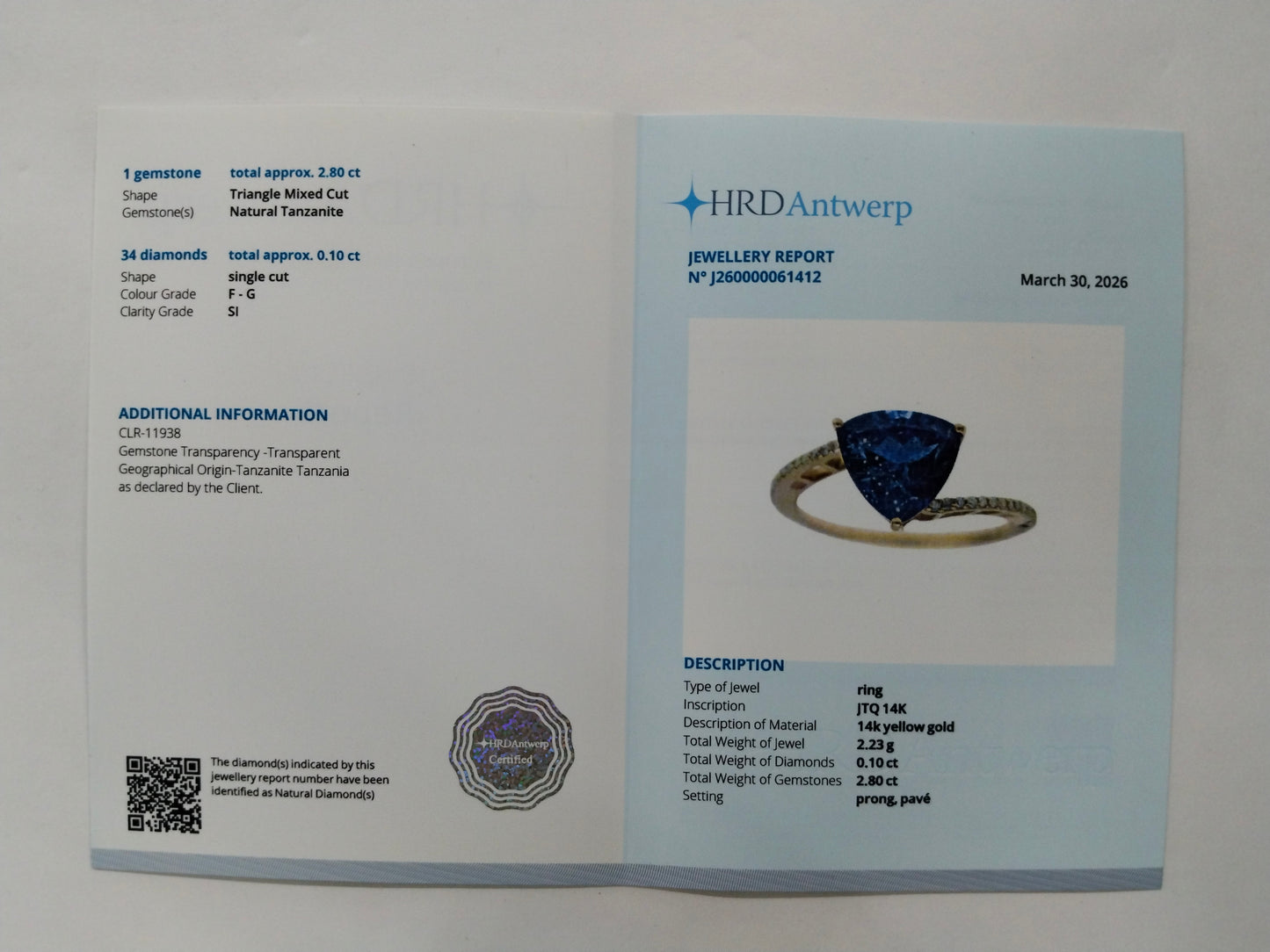2.90 Ct Triangle Mixed Cut Natural Tanzanite 14K Gold Ring