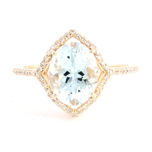 2.35 Ct Oval Mixed Cut Natural Beryl Aquamarine 14K Gold Ring