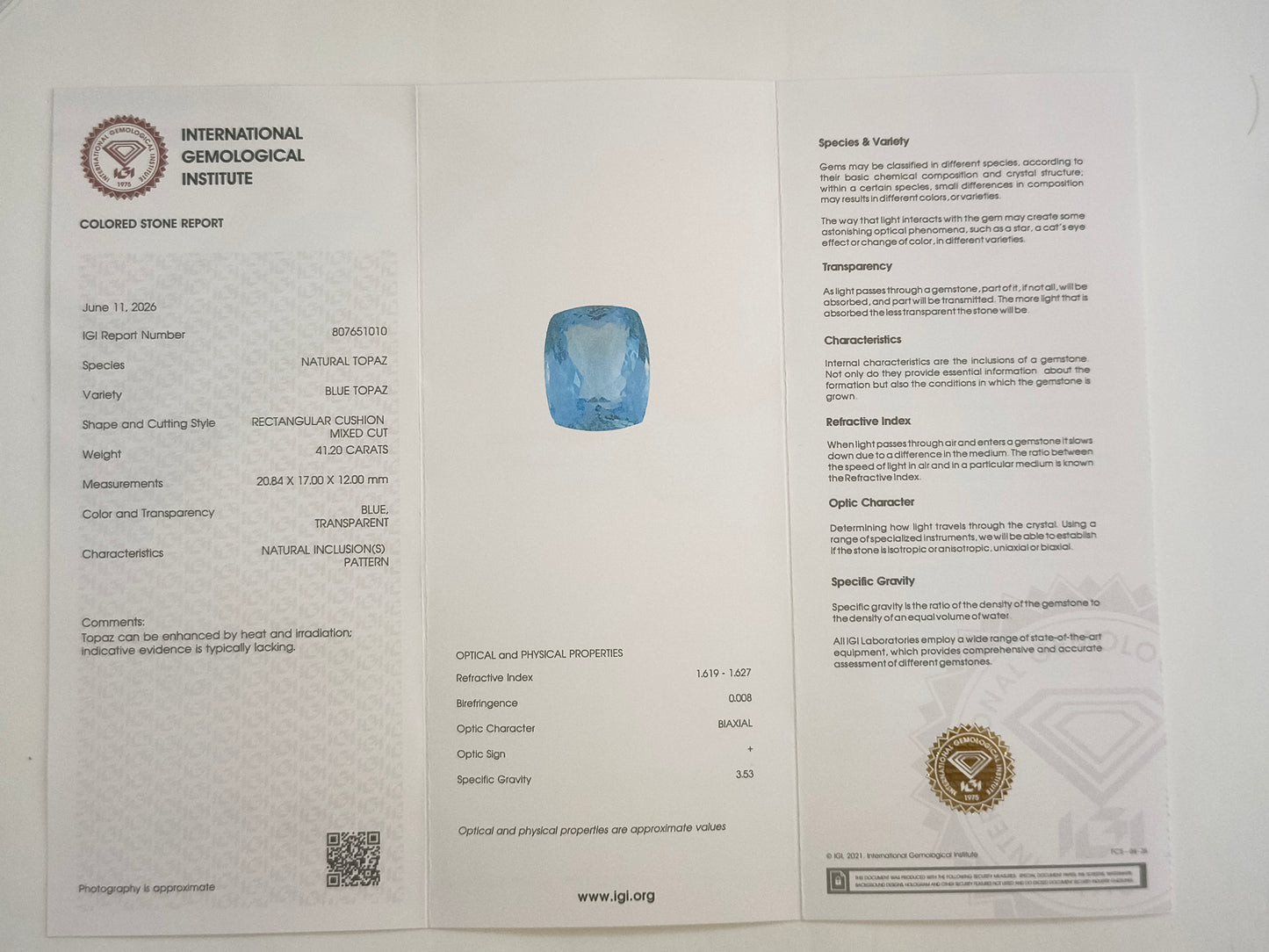 41.1 Natural Topaz Blue Topaz Rectangular Cushion Mixed Cut Gemstone