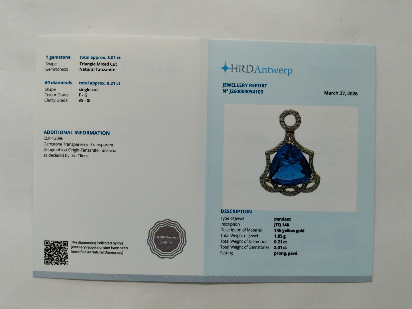 3.22 Ct Triangle Mixed Cut Natural Tanzanite 14K Gold Pendant