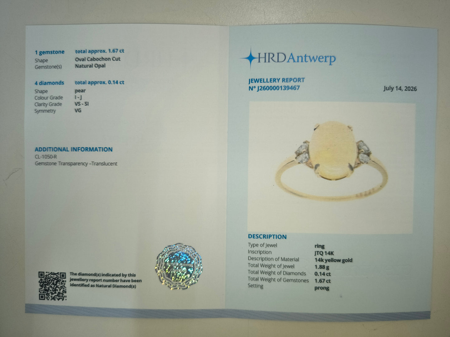 1.81 Ct Oval Cabochon Cut Natural Opal 14K Gold Ring