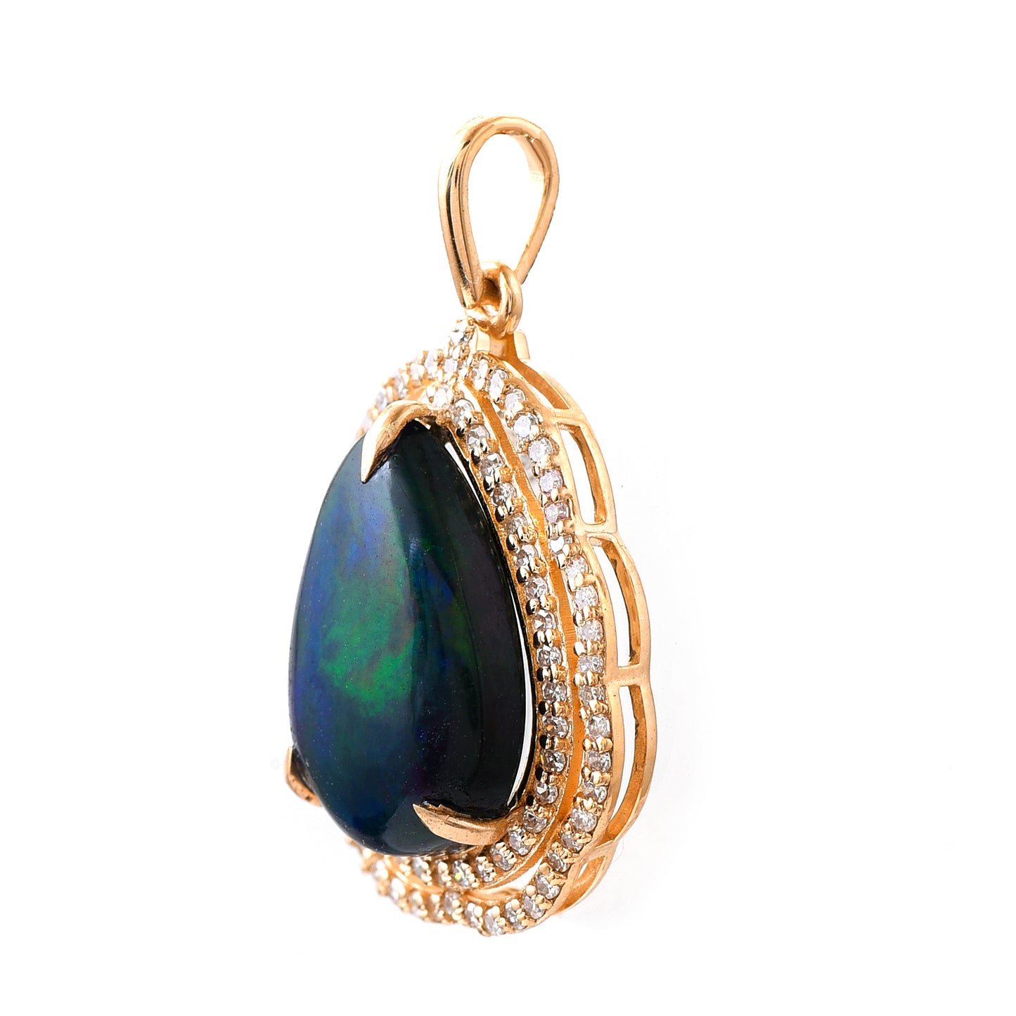 3.32 Ct Pear Mixed Cut Natural Black Opal 14K Gold Pendant
