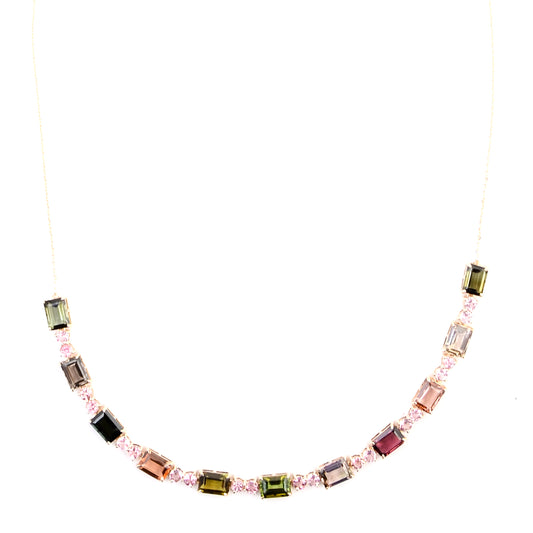 7.91 Ct Octagon Multi Tourmaline 14K Gold Necklace