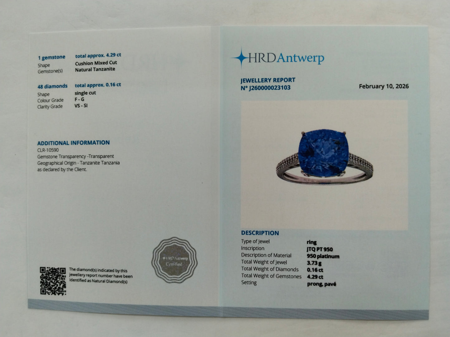4.45 Ct Cushion Mixed Cut Natural Tanzanite 950 Platinum Ring