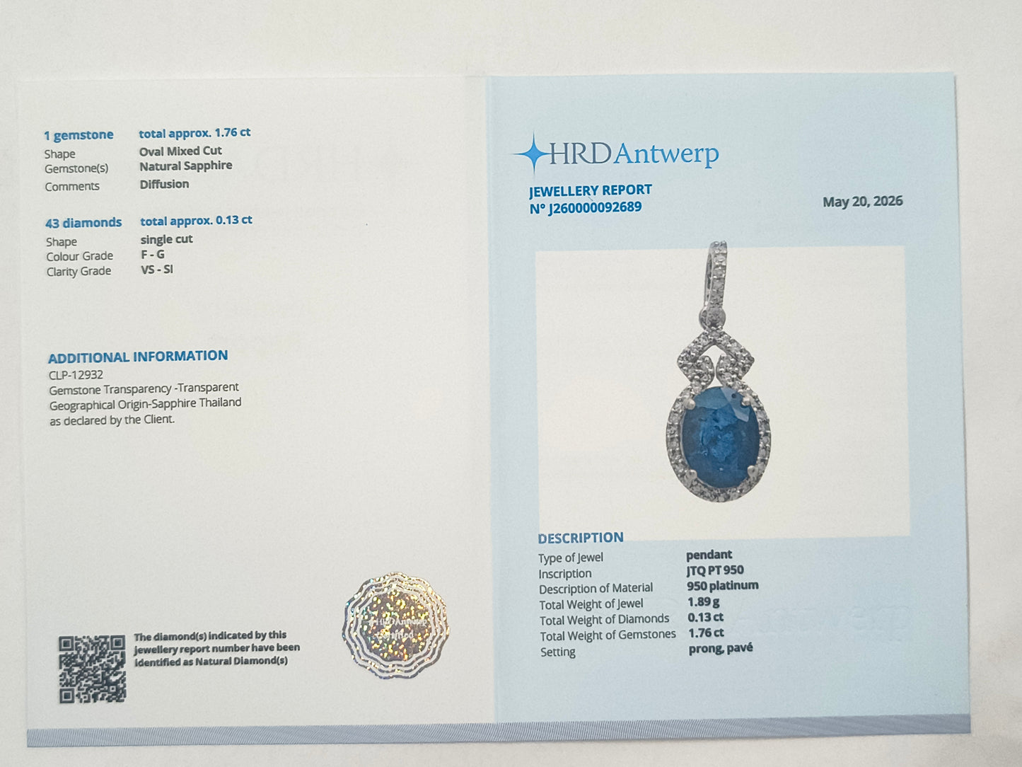 1.89 Ct Oval Sapphire 950 Platinum Pendant