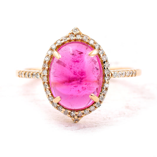 3.20 Ct Oval Cabochon Cut Natural Pink Tourmaline 14K Gold Ring