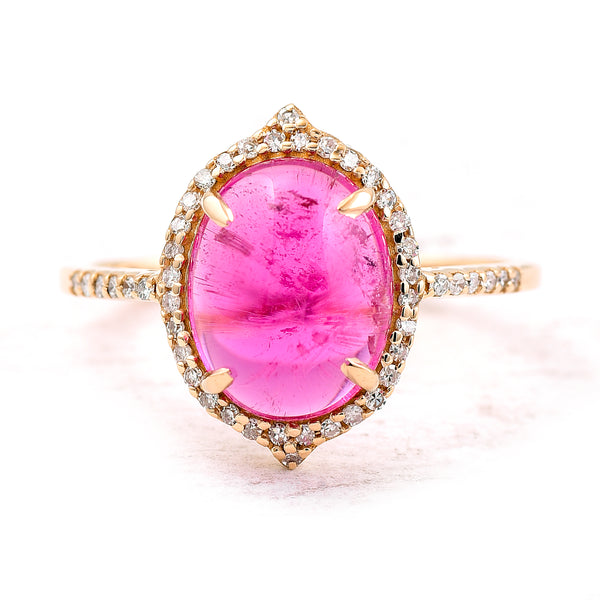 3.20 Ct Oval Cabochon Cut Natural Pink Tourmaline 14K Gold Ring