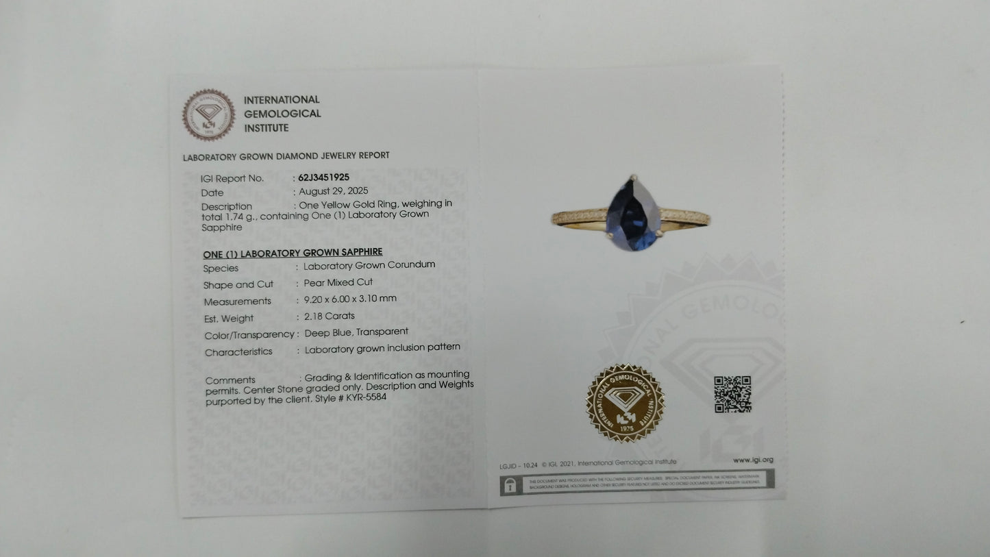 2.24 Ct Pear Mixed Cut Lab Grown Sapphire 14K Gold Ring