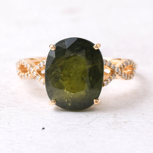 7.21 Ct Cushion Mixed Cut Natural Green Sapphire 14K Gold Ring