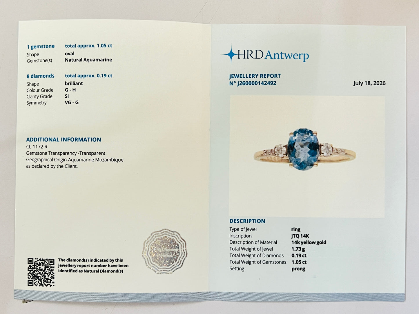 1.24 Ct Oval Natural Aquamarine 14K Gold Ring