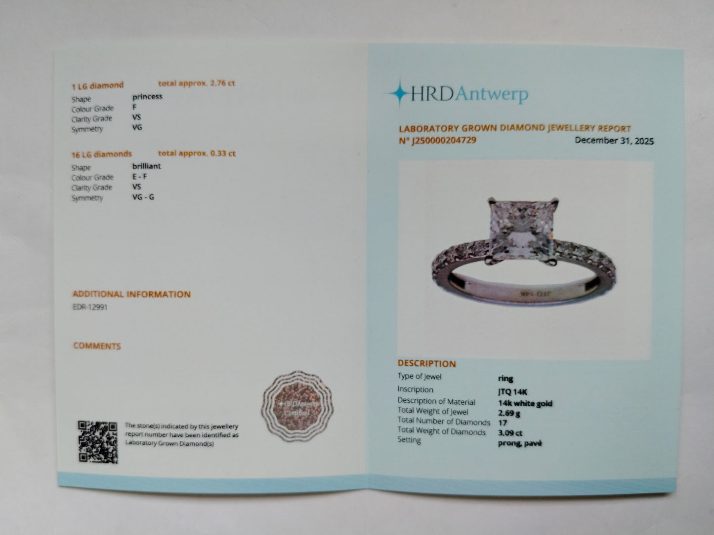 3.09 Carats Lab Grown Diamond 14K Gold Ring