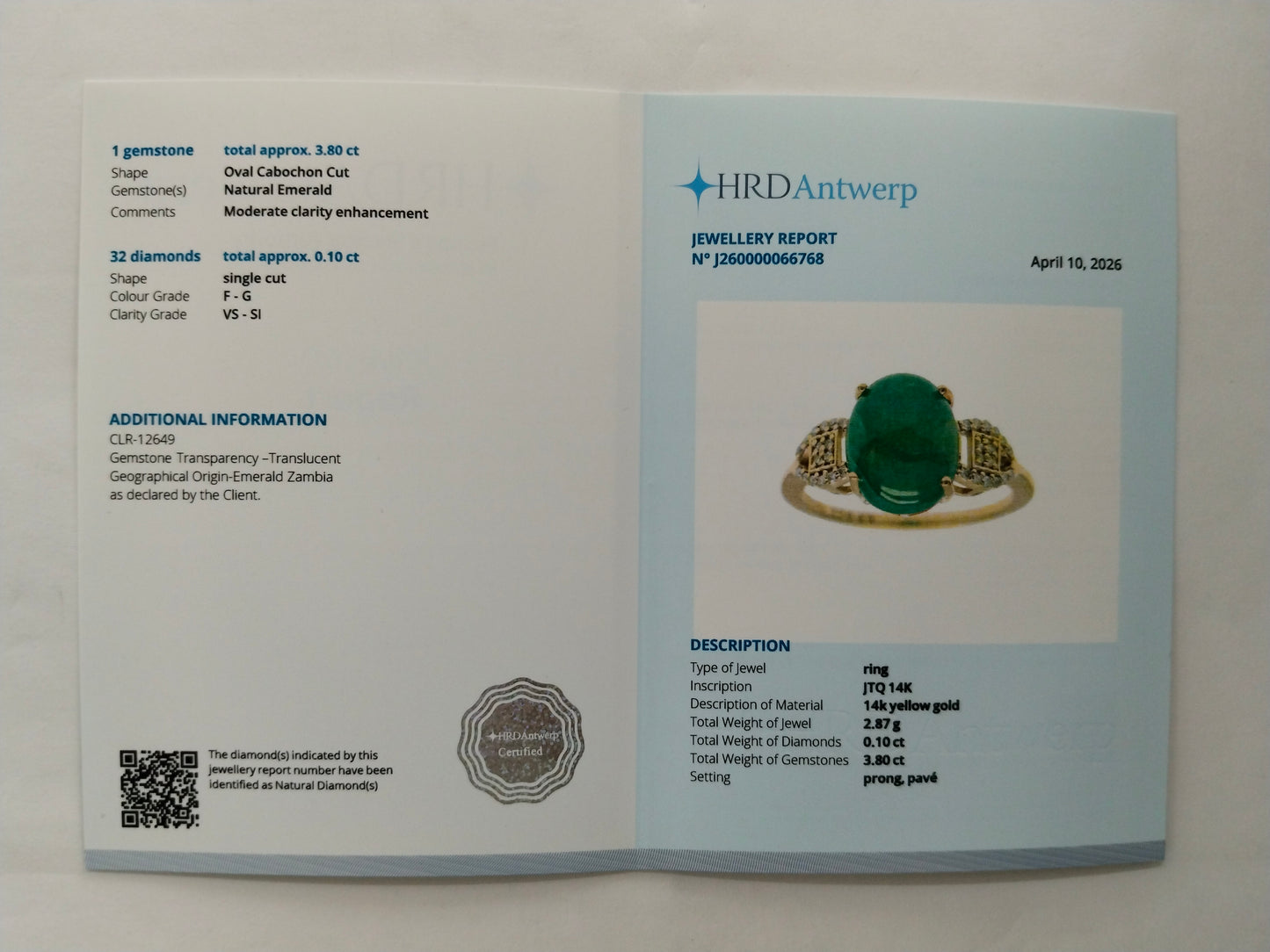 3.90 Ct Oval Cabochon Cut Natural Emerald 14K Gold Ring