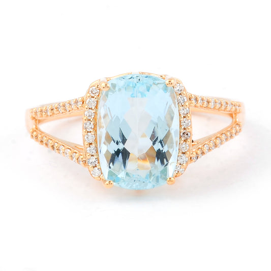 2.68 Ct Cushion Mixed Cut Natural Aquamarine 14K Gold Ring