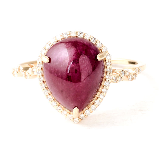 5.22 Ct Pear Cabochon Natural Corundum Ruby 14K Gold Ring