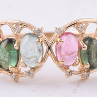 1.76 Ct Oval Cabochon Cut Natural Multi Coloured Tourmaline 14K Gold Ring
