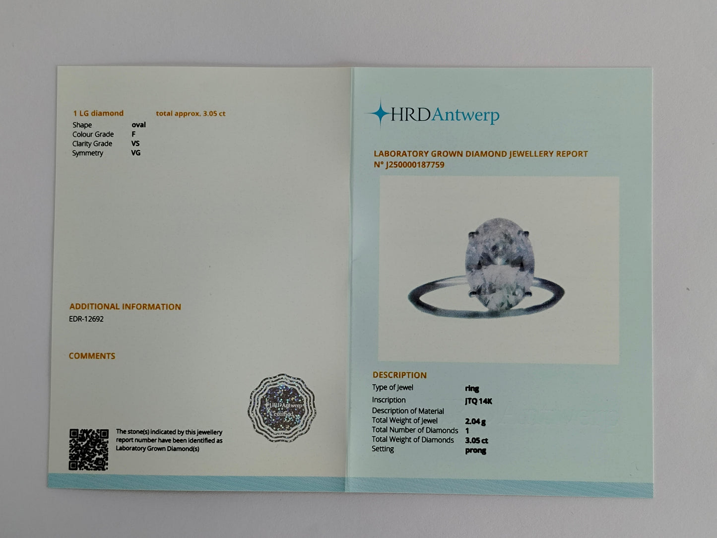 3.05 Carats Lab Grown Diamond 14K Gold Ring