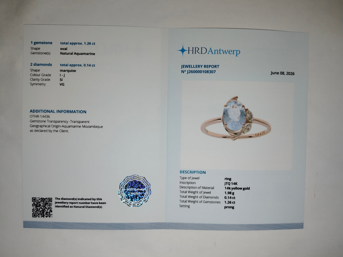 1.40 Ct Oval Mixed Cut Natural Aquamarine 14K Gold Ring