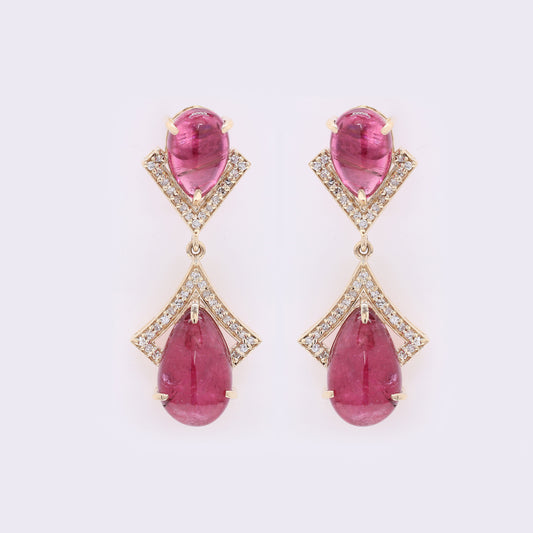 10.62 Ct Pear Cabochon Natural Rubellite 14K Gold Earrings