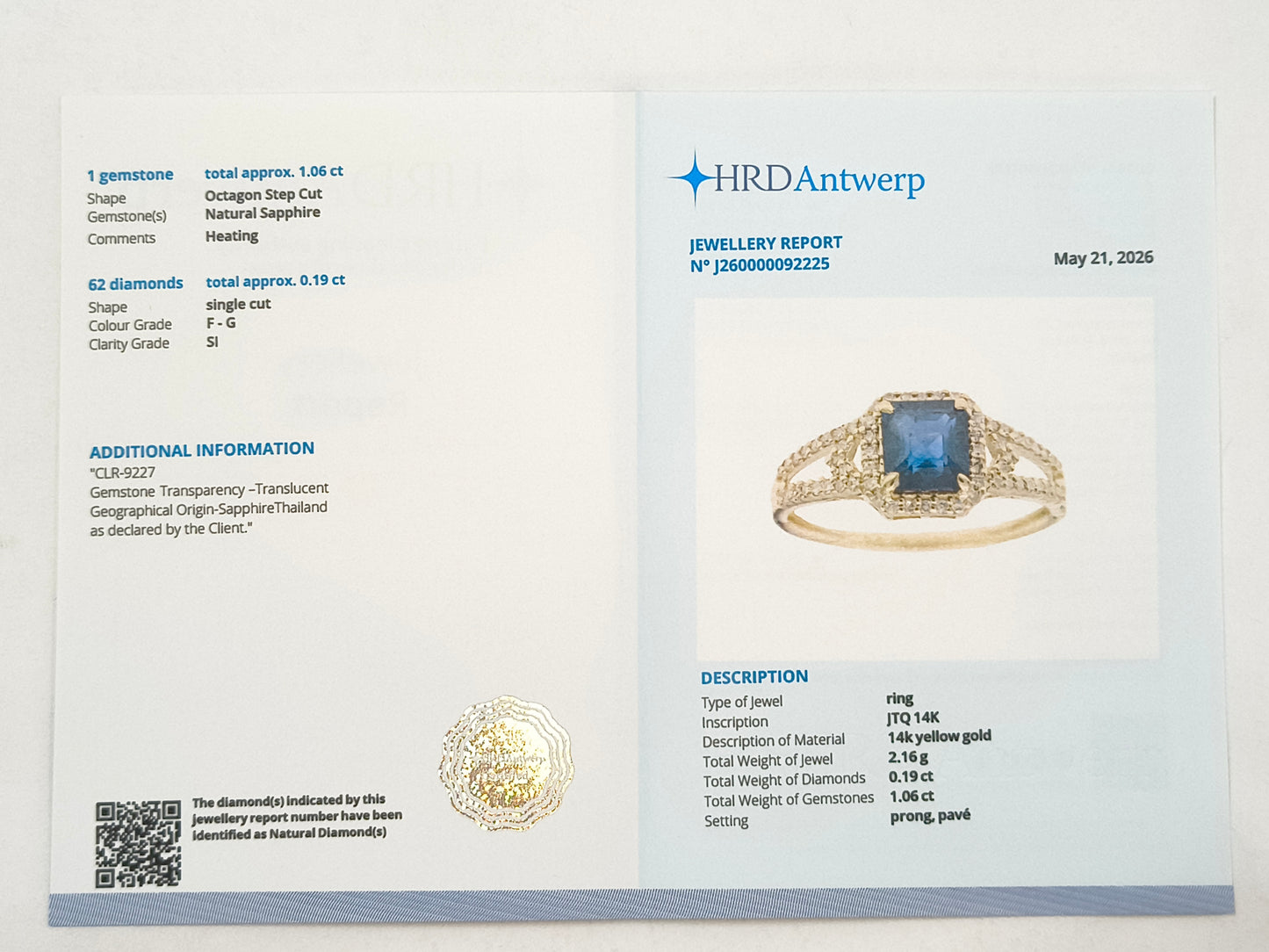 1.25 Ct Octagon Blue Sapphire 14K Gold Ring
