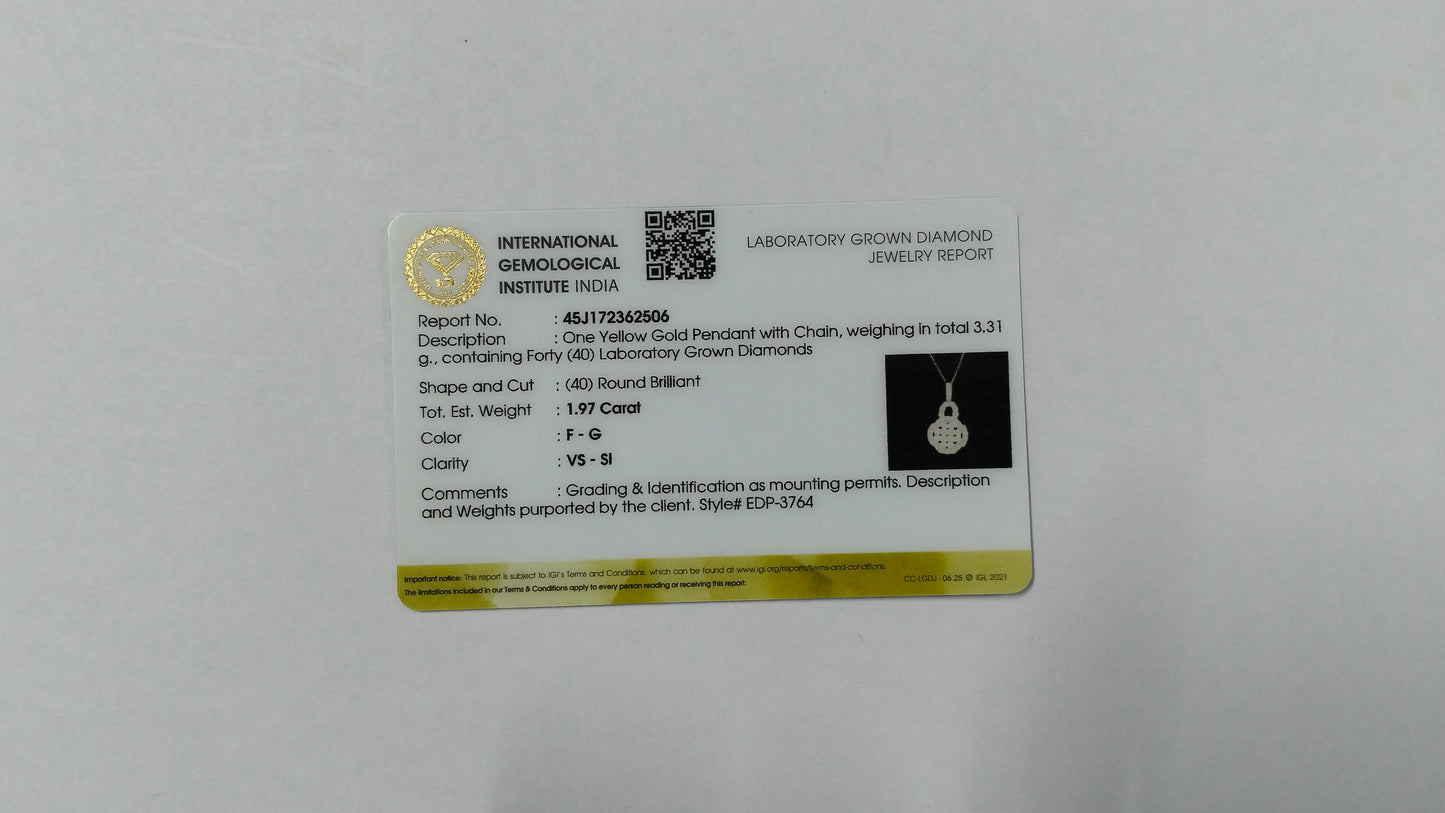 1.97 Carats Lab Grown Diamond 14K Gold Pendant