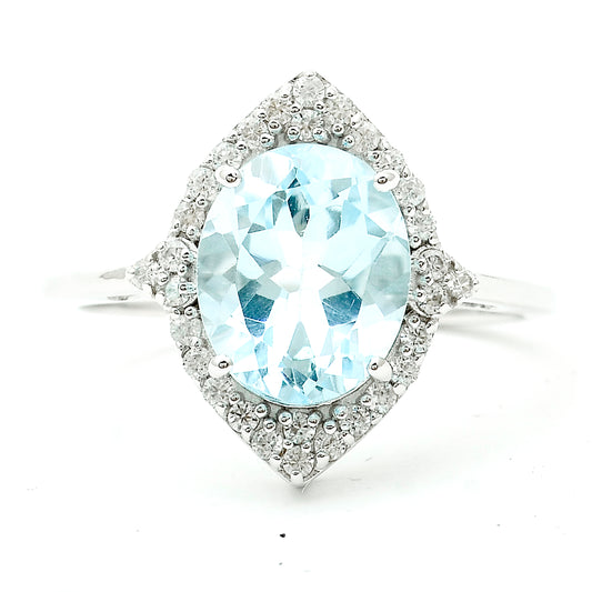 3.57 Ct Oval Blue Topaz, White Zircon 925 Sterling Silver Ring