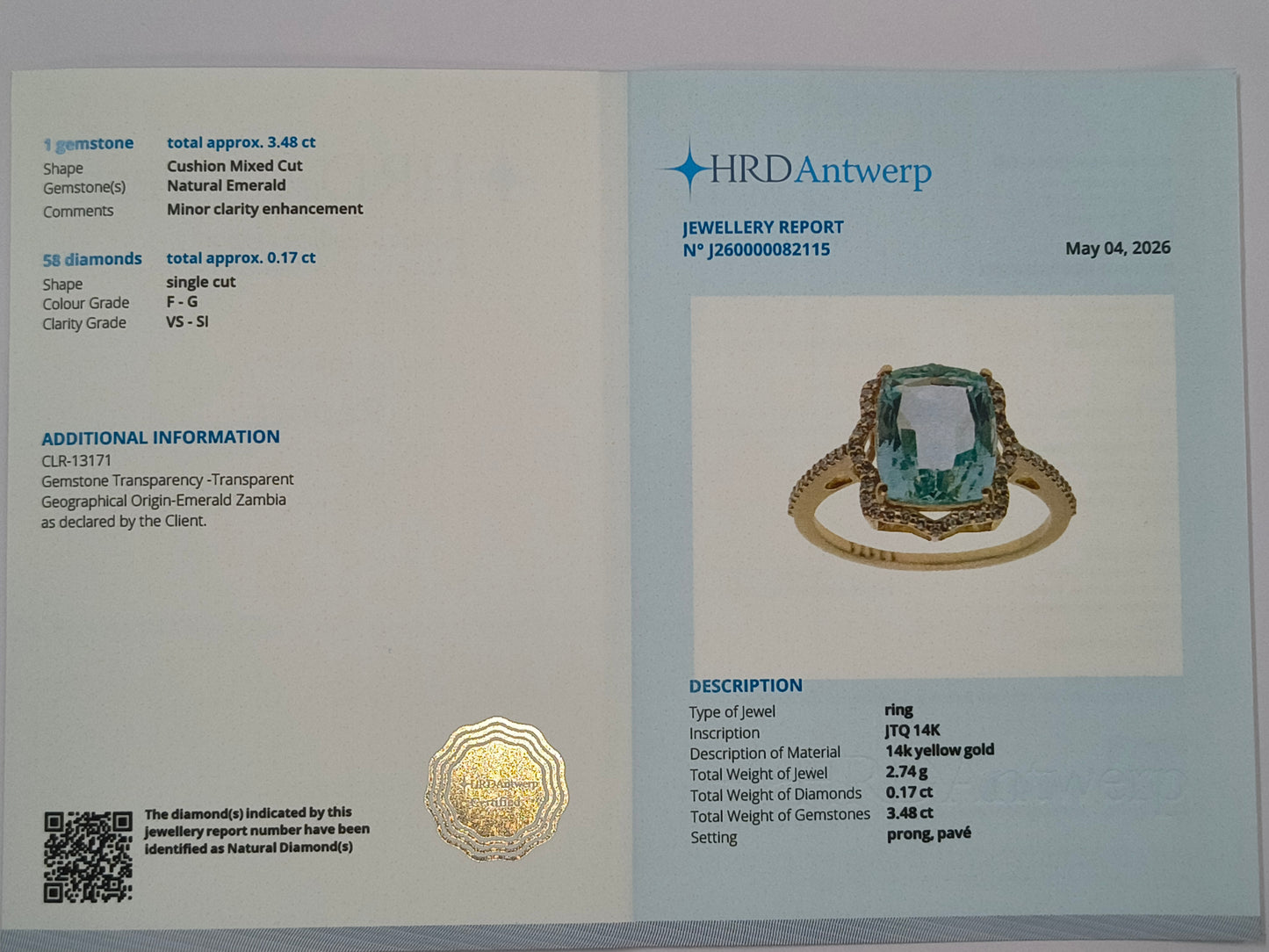 3.65 Ct Cushion Mixed Cut Natural Emerald 14K Gold Ring