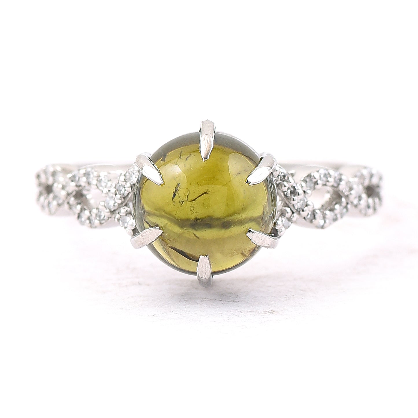 2.93 Ct Round Cabochon Cut Natural Green Tourmaline 950 Platinum Ring