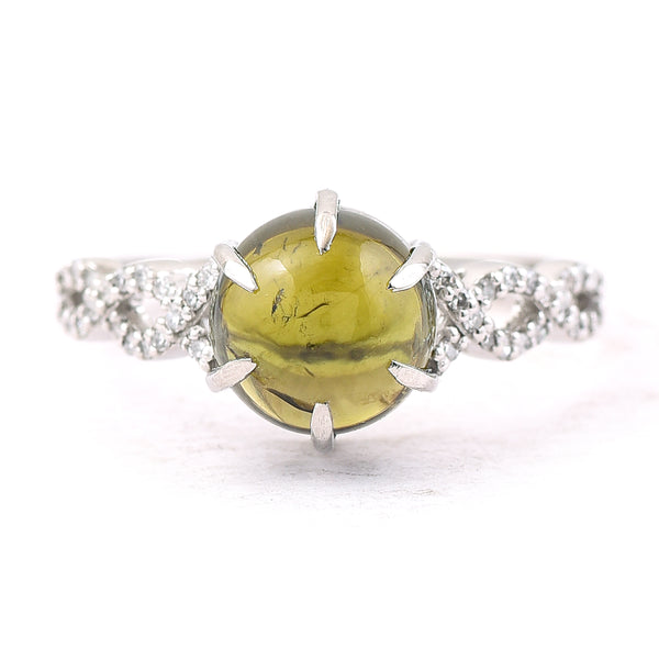 2.93 Ct Round Cabochon Cut Natural Green Tourmaline 950 Platinum Ring