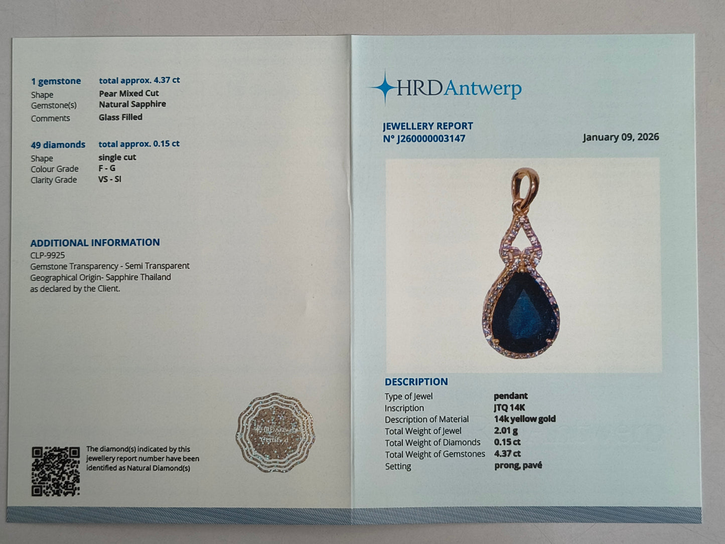 4.52 Ct Pear Mixed Cut Natural Sapphire 14K Gold Pendant