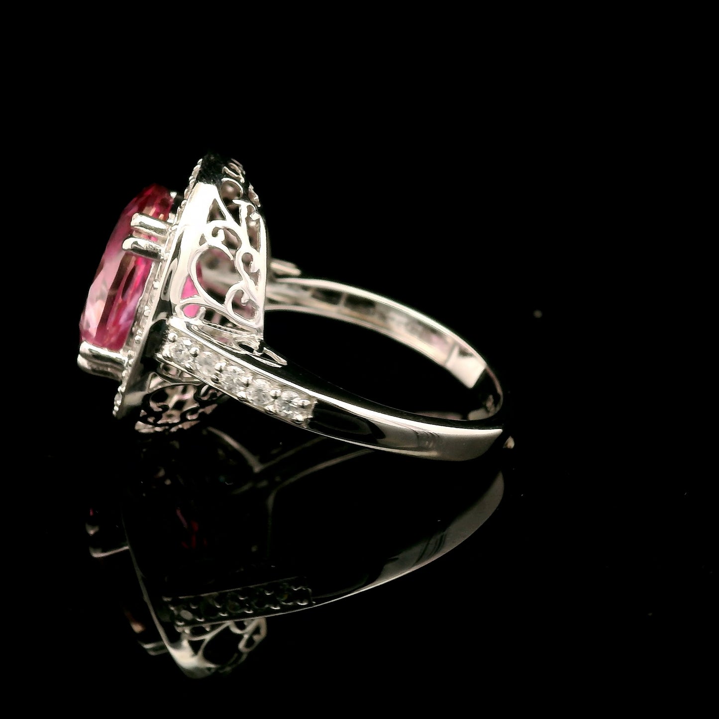 5.72 Ct Oval Pink Topaz, White Zircon 925 Sterling Silver Ring