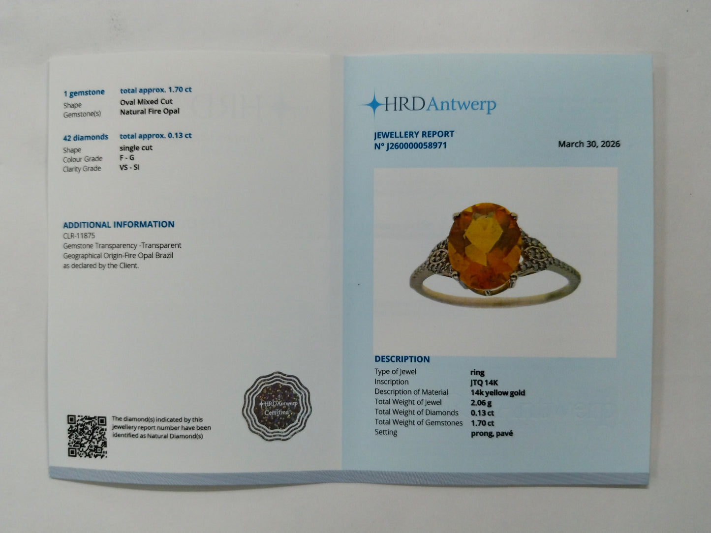 1.83 Ct Oval Mixed Cut Natural Fire Opal 14K Gold Ring