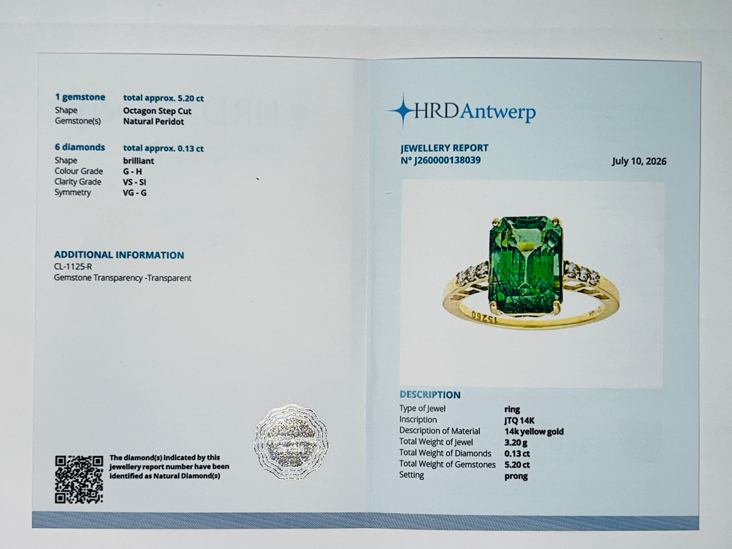 5.33 Ct Octagon Natural Peridot 14K Gold Ring