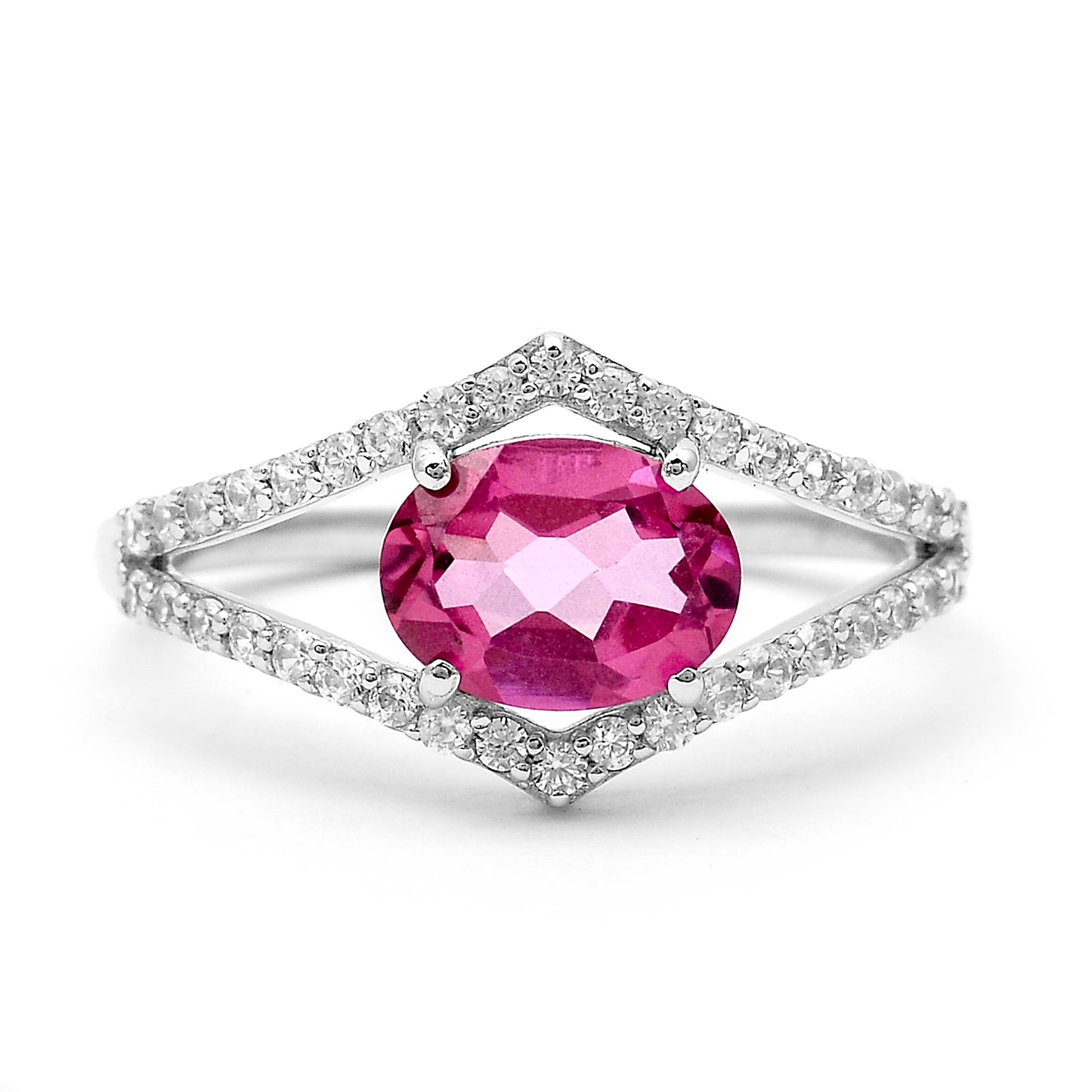 1.82 Ct Oval Pink Topaz, White Zircon 925 Sterling Silver Ring