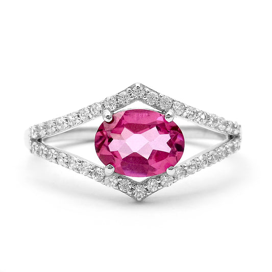 1.82 Ct Oval Pink Topaz, White Zircon 925 Sterling Silver Ring
