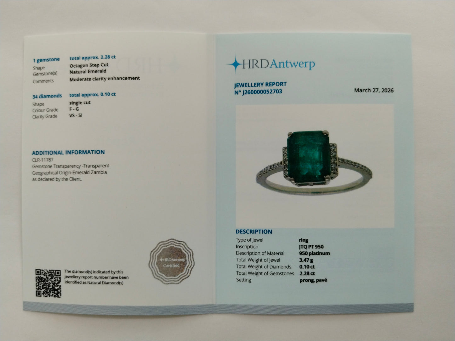 2.38 Ct Octagon Step Cut Natural Emerald 950 Platinum Ring