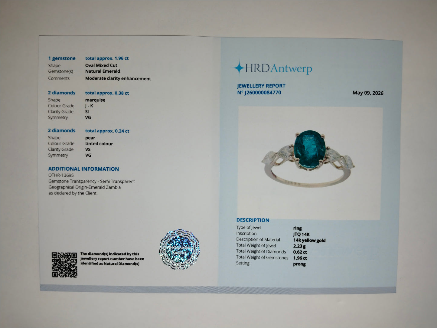 1.71 Ct Oval Mixed Cut Natural Emerald 14K Gold Ring