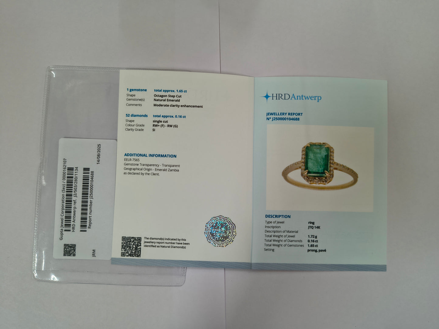 1.81 Ct Octagon Step Cut Natural Emerald 14K Gold Ring