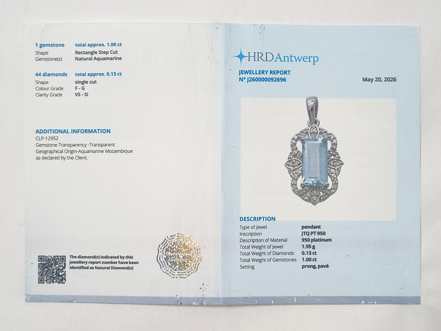 1.13 Ct Octagon Aquamarine 950 Platinum Pendant