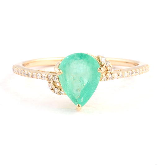 1.49 Ct Pear Mixed Cut Natural Beryl Emerald 14K Gold Ring