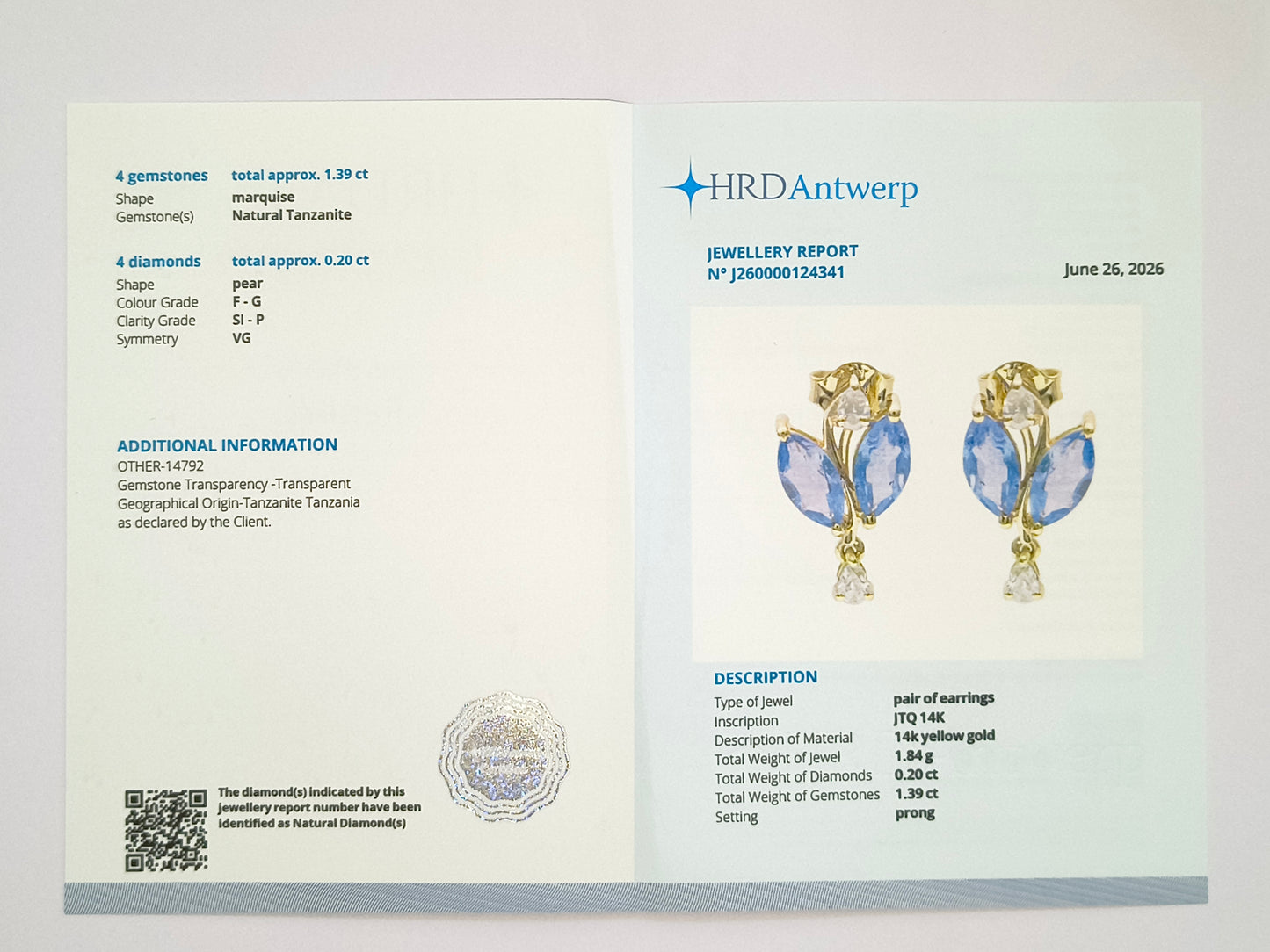 1.59 Ct Marquise Natural Tanzanite 14K Gold Earrings