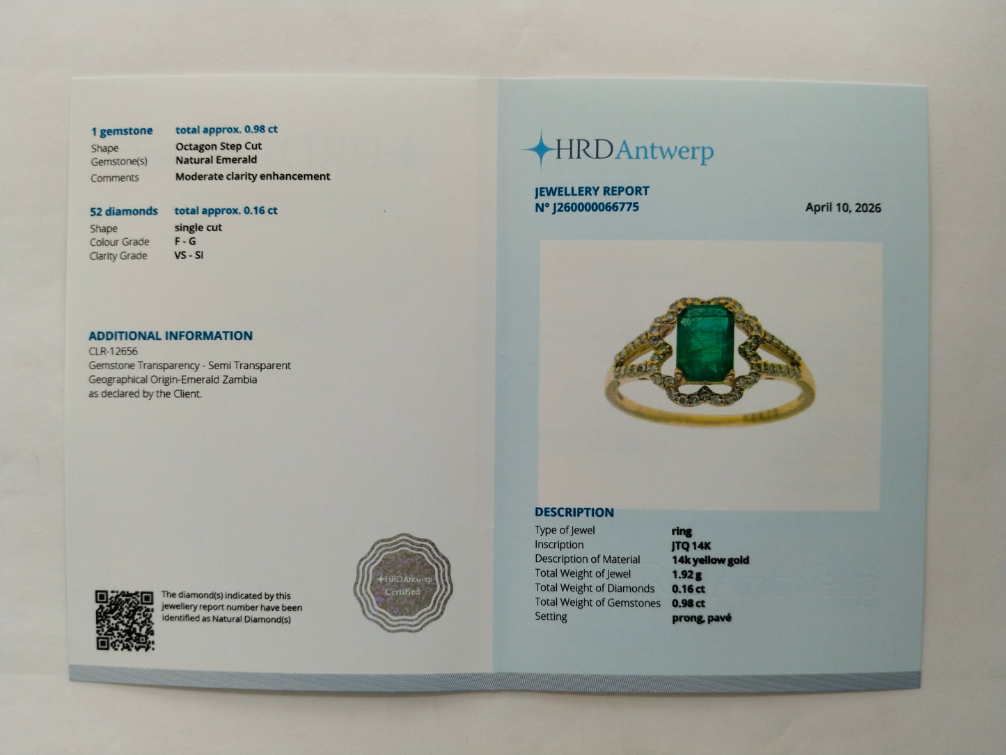 1.14 Ct Octagon Step Cut Natural Emerald 14K Gold Ring