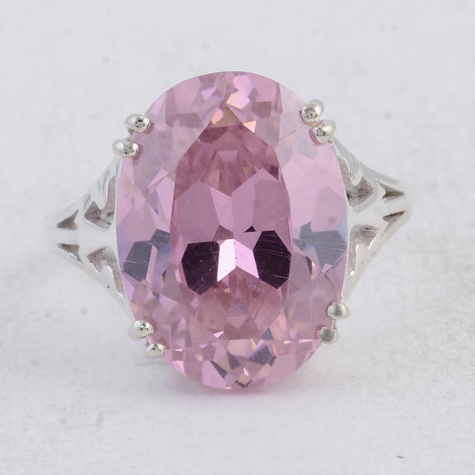 26.79 Ct Oval Pink Cz 925 Sterling Silver Ring