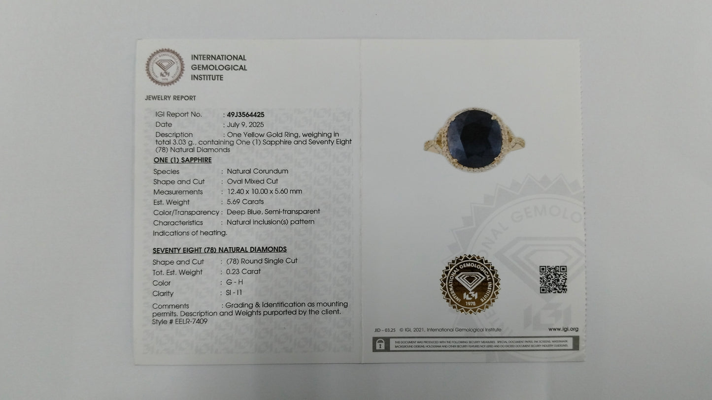 5.92 Ct Oval Mixed Cut Natural Corundum Sapphire 14K Gold Ring