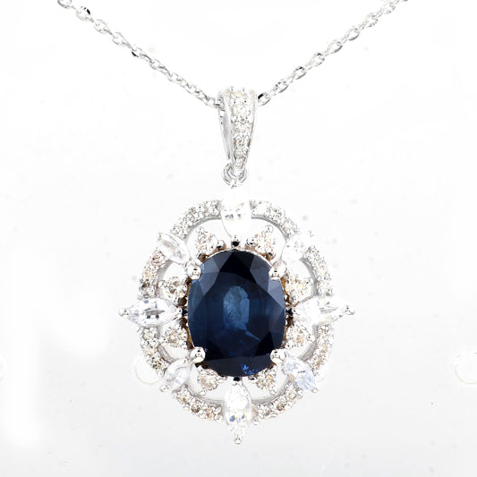 3.73 Ct Oval Mixed Cut Natural Corundum Sapphire 14K Gold Pendant