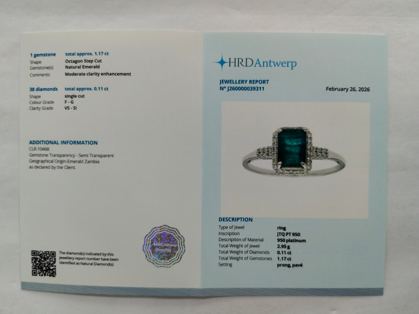 1.28 Ct Octagon Step Cut Natural Emerald 950 Platinum Ring