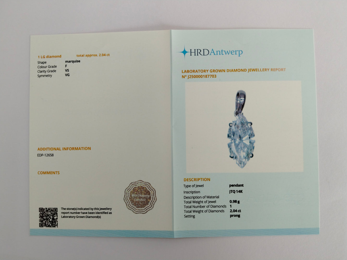 2.04 Carats Lab Grown Diamond 14K Gold Pendant