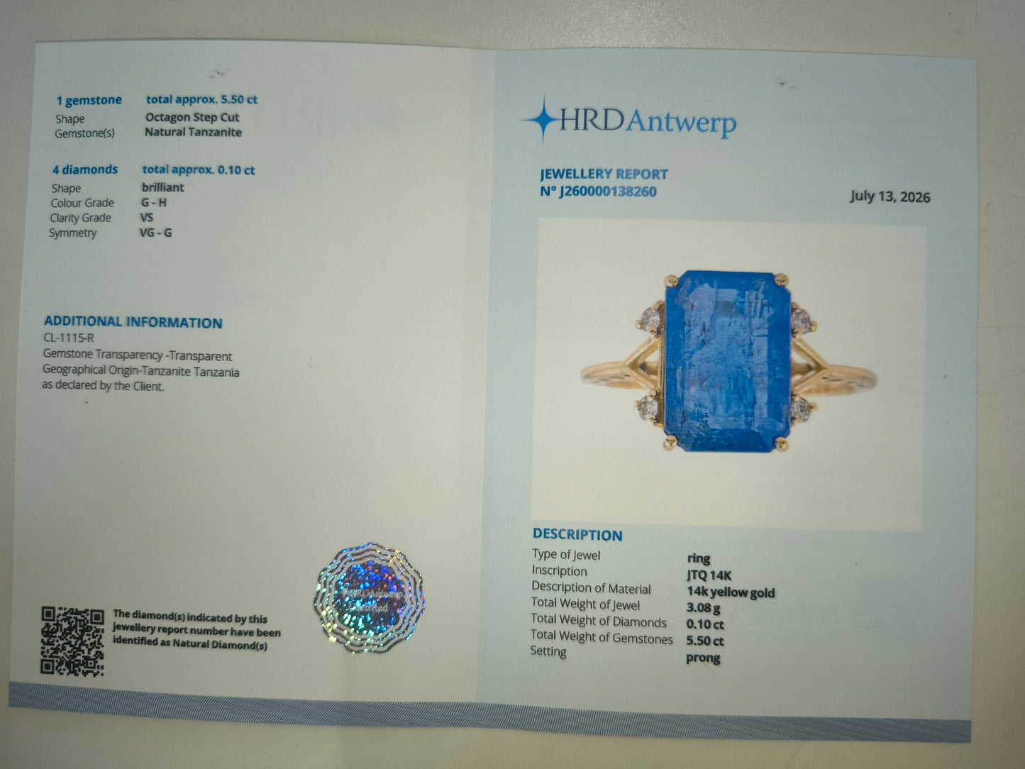 5.60 Ct Octagon Step Cut Natural Tanzanite 14K Gold Ring