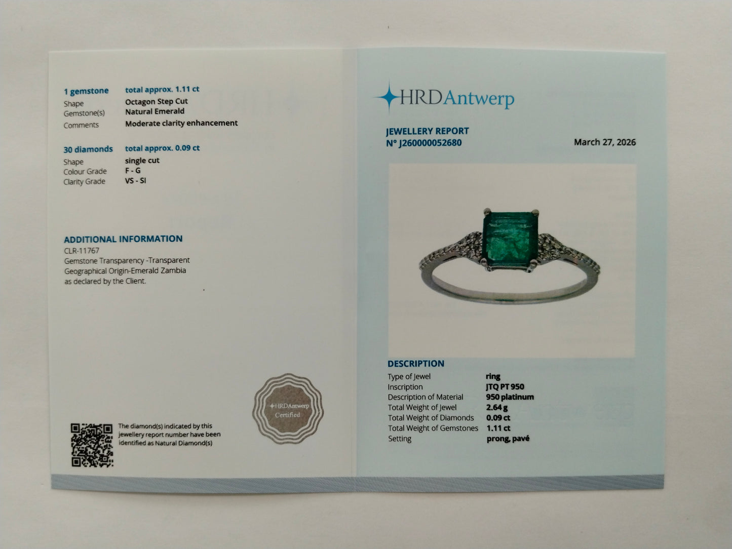 1.20 Ct Octagon Step Cut Natural Emerald 950 Platinum Ring