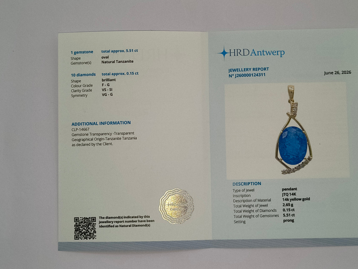5.66 Ct Oval Natural Tanzanite 14K Gold Pendant